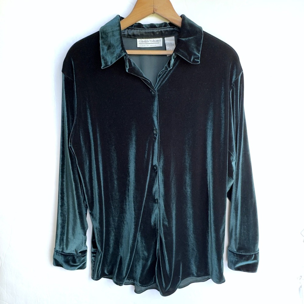 Vintage Velvet Button Up Shirt Large Emerald Green Y2K Whimsigoth Dark Academia